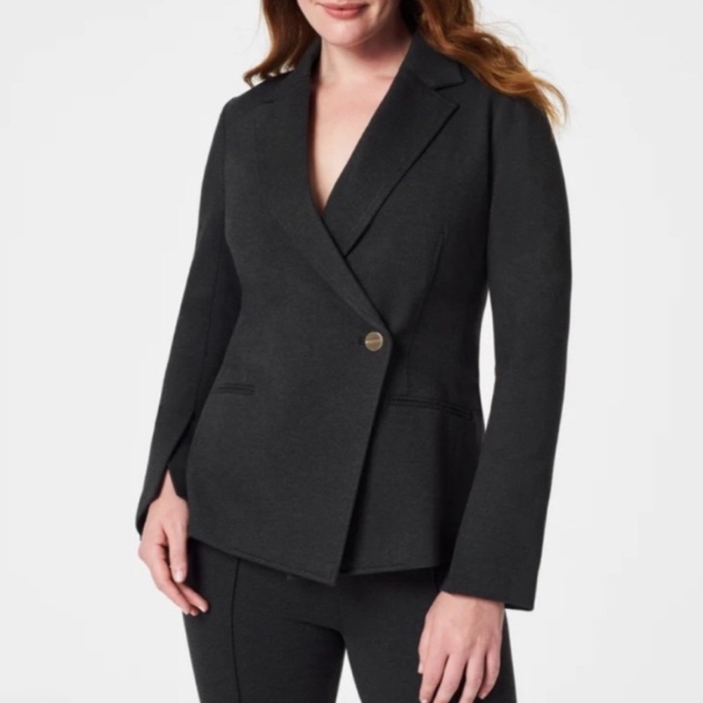 Spanx Perfect Asymmetric Ponte Tailored Blazer Jacket Size Small Heather Grey
